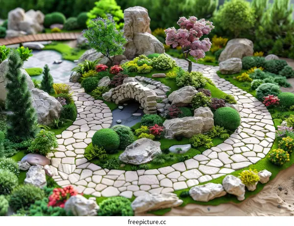 Miniature Japanese Zen Garden with Stone Bridge and Pink Cherry Blossom Tree