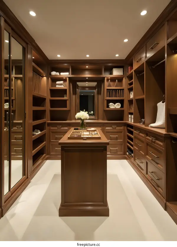 Modern Closet Design with Wooden Shelves and Drawers