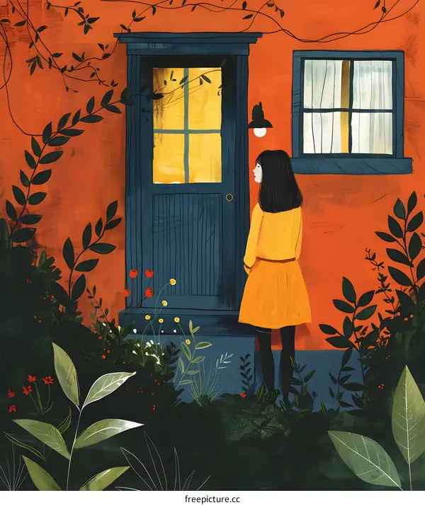 girl in yellow dress standing outside the blue door