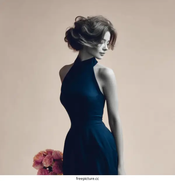 Elegant Woman in a Dark Blue Dress with Flowers