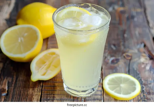 Glass of Lemonade with Lemon Slices and Ice on a Wooden Table