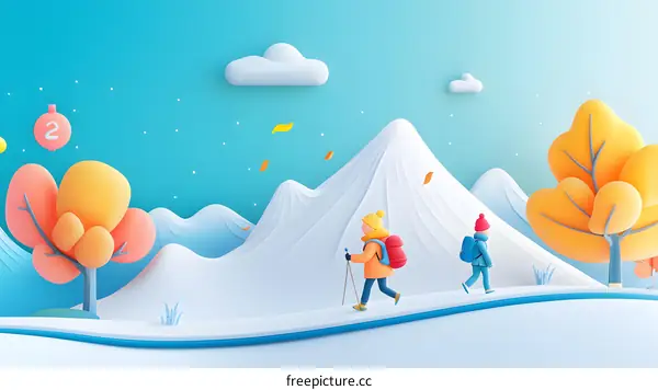 Winter Hiking with Backpack and Trekking Poles Cartoon Illustration
