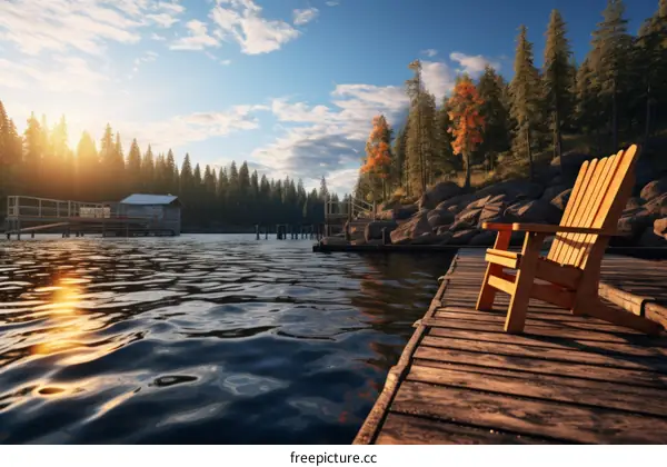 Wooden dock on a lake with a view of a cabin in the distance