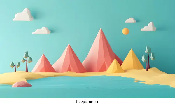 Low Poly Landscape With Mountains, Trees and Sky