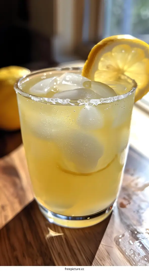 Glass of Lemonade with Ice and Lemon Slice