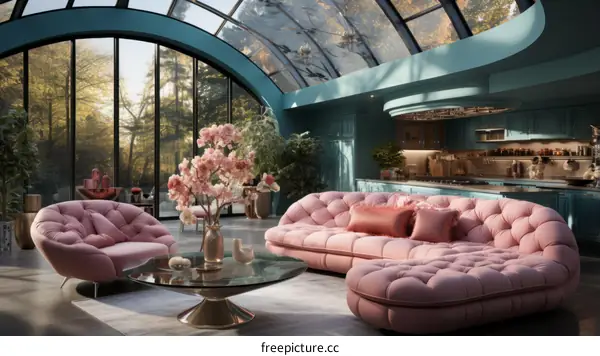 pink retro futuristic living room interior design
