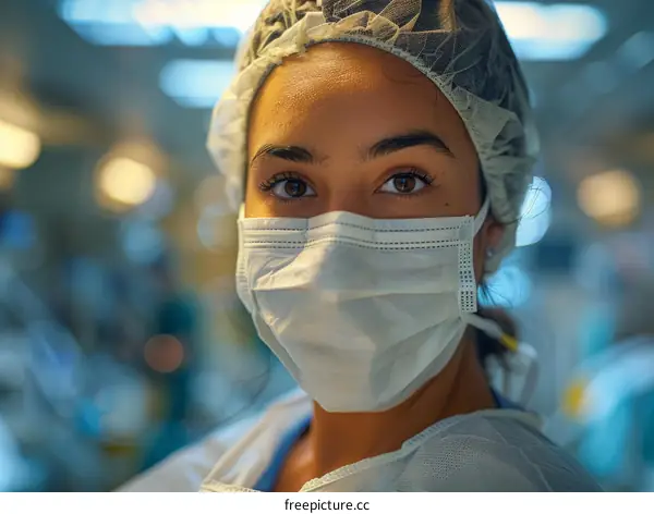 Portrait of a young female doctor wearing a surgical mask and cap