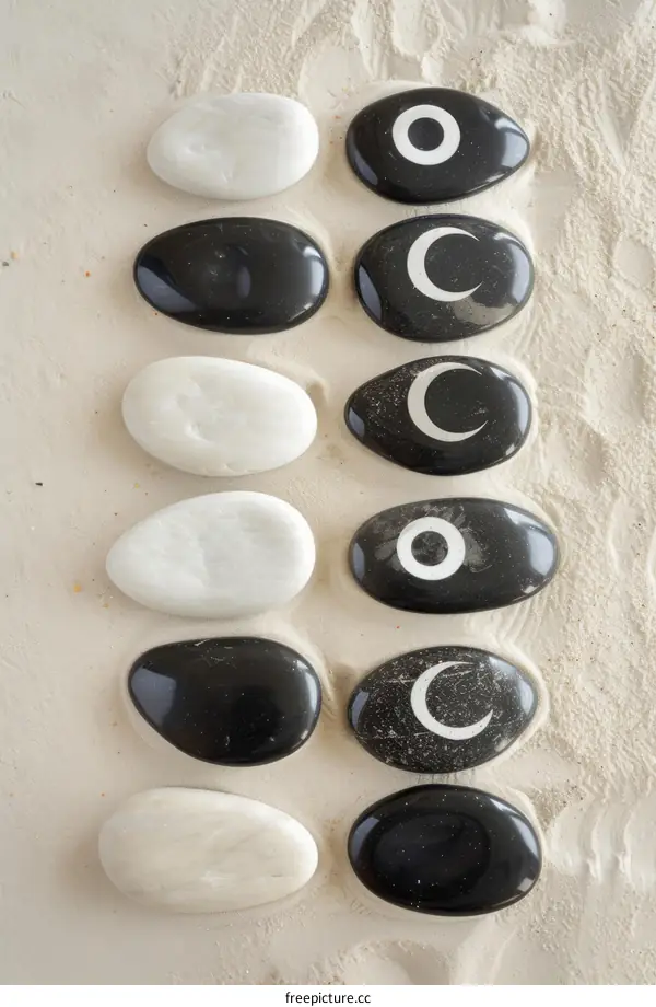 Black and white pebbles on sand background with moon phases symbols