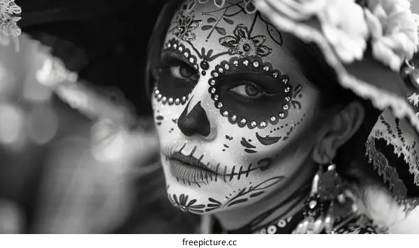 A young woman wearing a traditional Mexican sugar skull face paint.