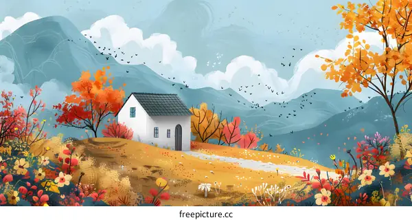Autumn Cottage Landscape Illustration