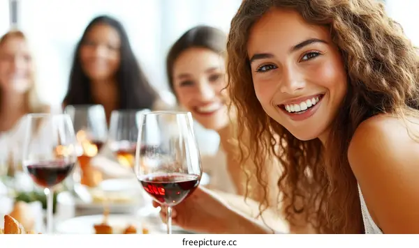 Happy Women Enjoying a Wine Dinner