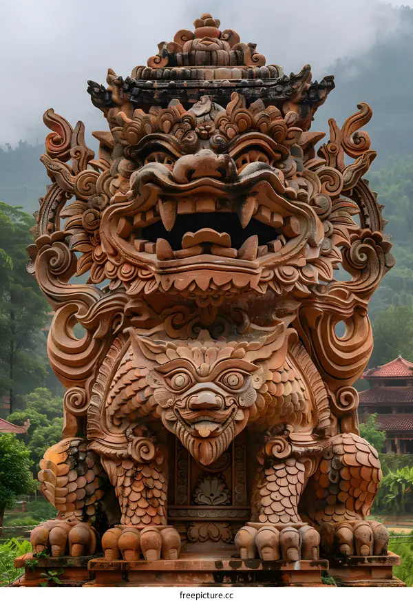 Intricately carved stone guardian statue in Vietnam