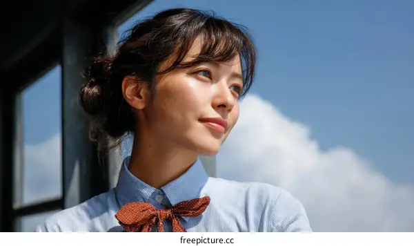 Thoughtful Asian Woman Outdoors with a Blue Shirt