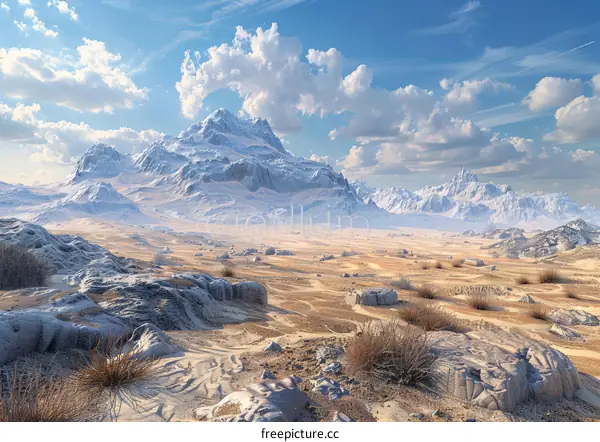 Arid Desert Landscape with Snow-Capped Mountains at Sunset