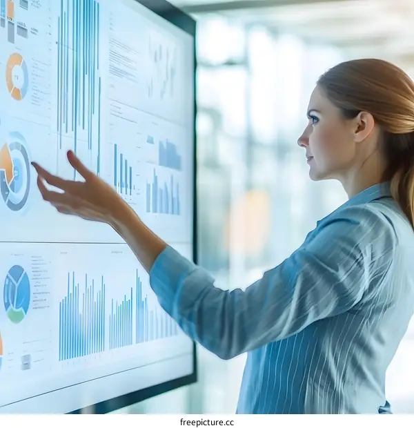 Businesswoman Analyzing Data on Large Touchscreen Display