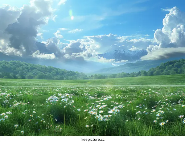Beautiful Daisy Field with Mountains