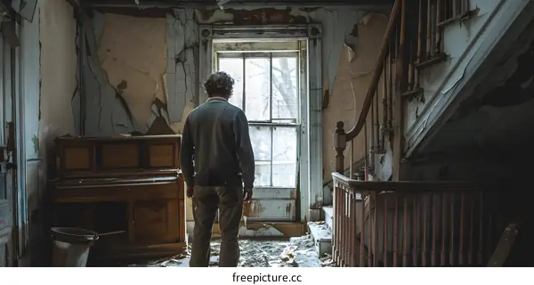 Man standing in a ruined house
