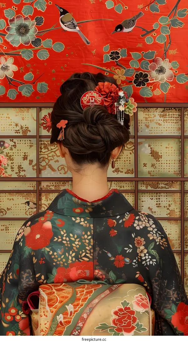 A woman wearing a kimono with a floral pattern and a large hair ornament