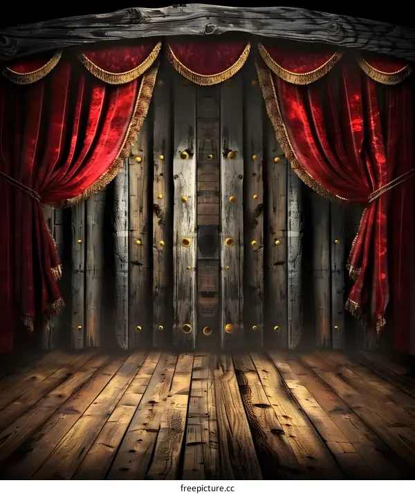 Red Velvet Curtains Wooden Stage Background
