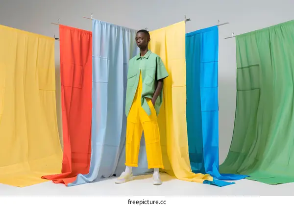 Man in Green Shirt and Yellow Pants Standing in Front of Colorful Fabrics