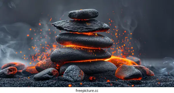 Black Stones Stacked in Equilibrium with Blazing Sparks