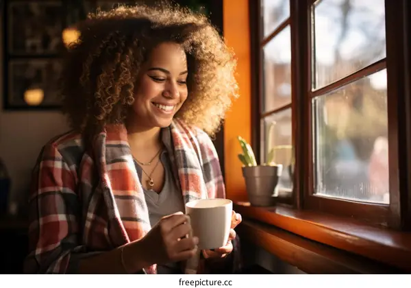 A young woman is sitting in a cafe and drinking coffee and looking out the window