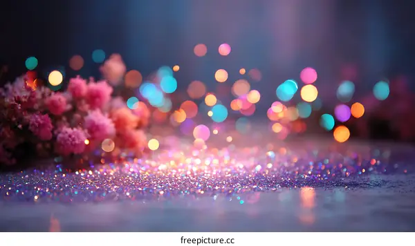 Colorful Glitter Background with Flowers and Bokeh Lights