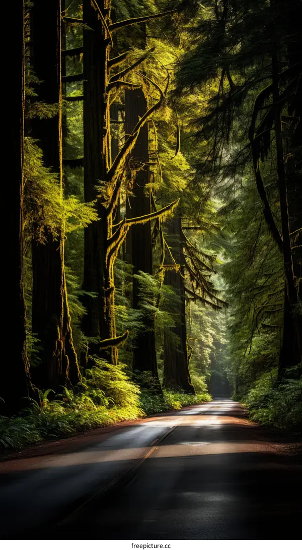 The sun shines through the tall tress in the forest