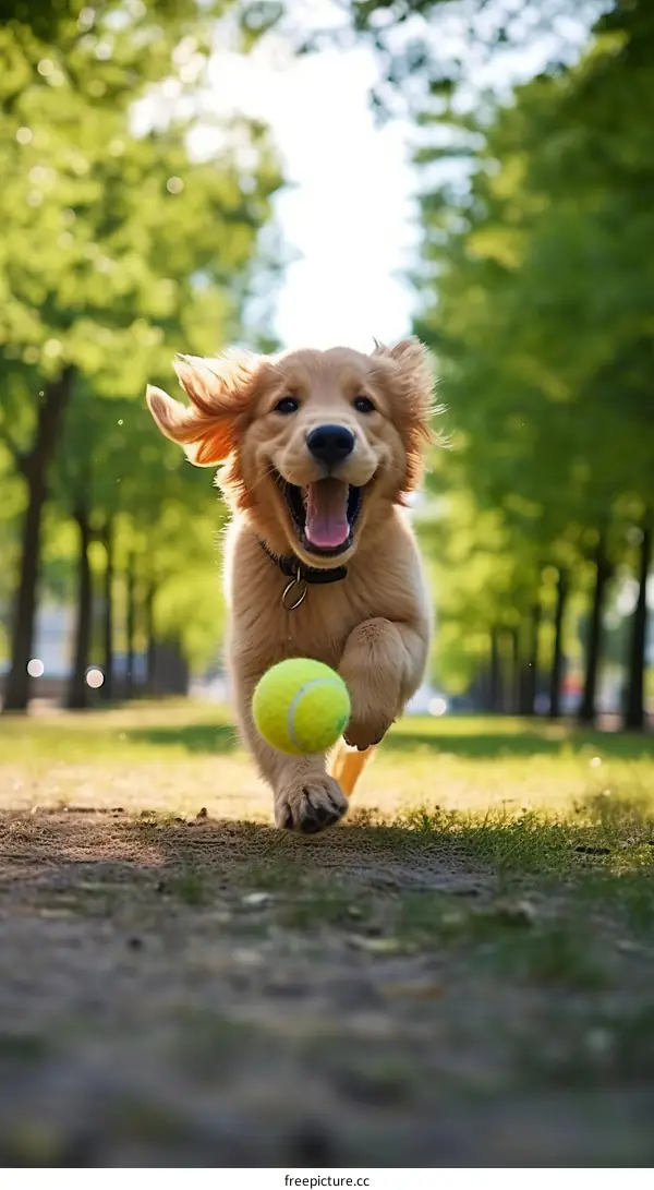 A Golden Retriever Puppy Chasing a Tennis Ball