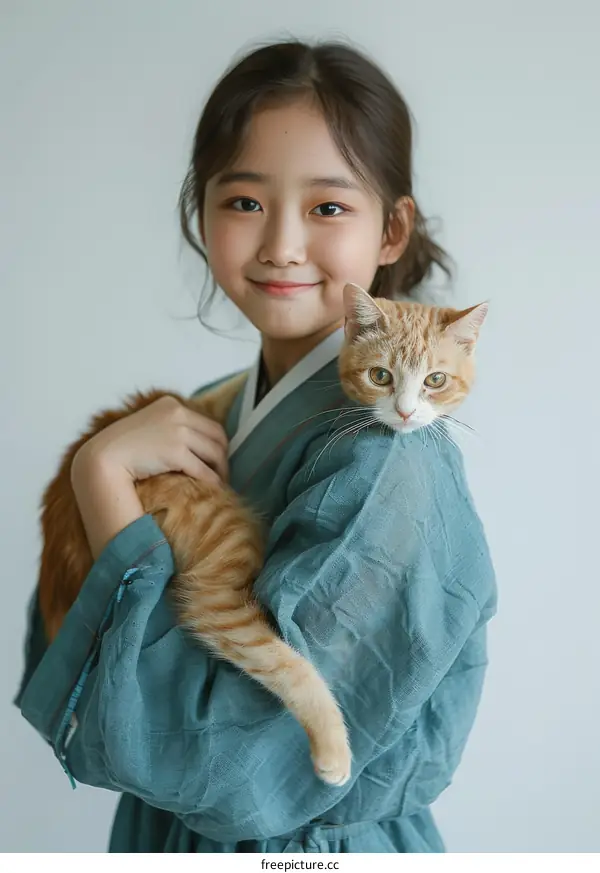 A young girl in a blue dress is holding an orange cat