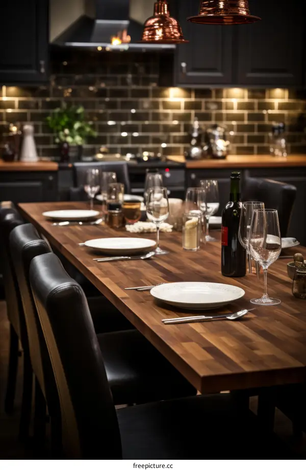 Rustic wooden table set for dinner in a modern kitchen
