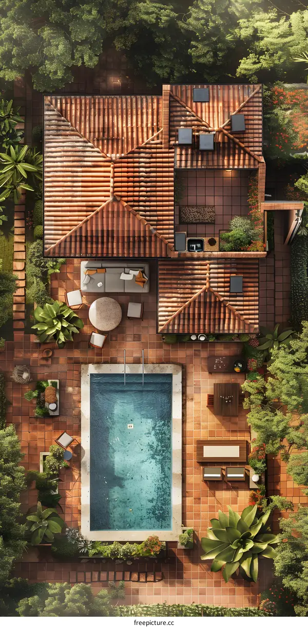 Top View of a House with a Swimming Pool and a Patio