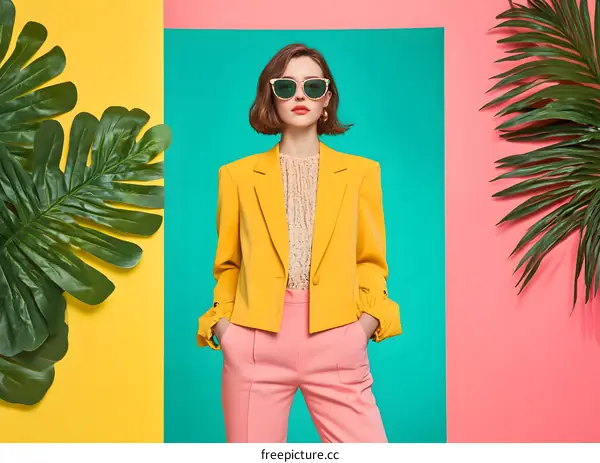 Woman in Yellow Blazer and Pink Pants Posing in Front of a Colorful Background with Palm Leaves