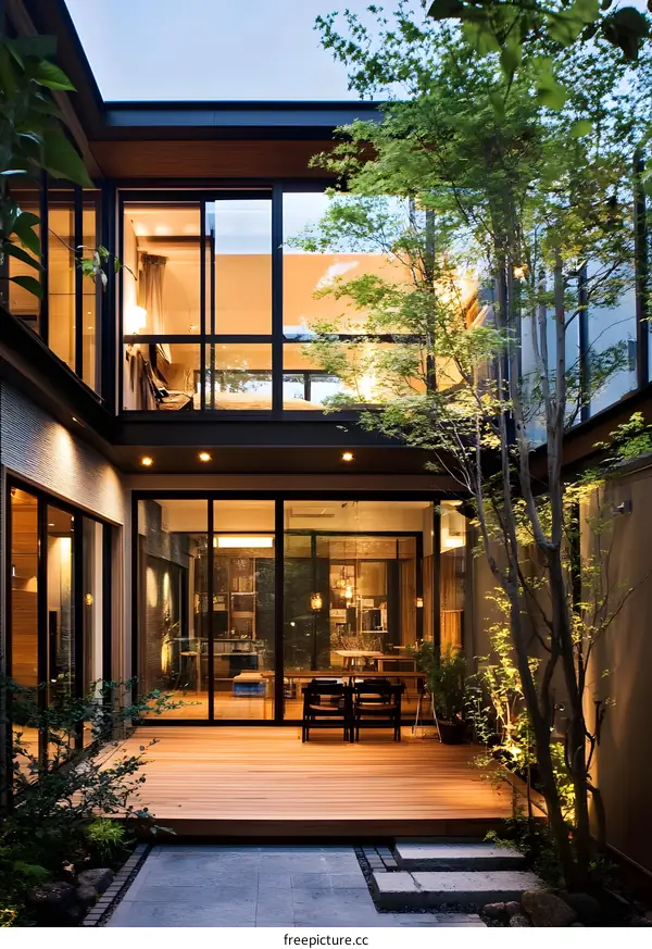 Modern Japanese Style House with Wooden Deck and Garden