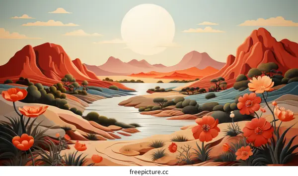 Surreal Desert Landscape with River and Flowers