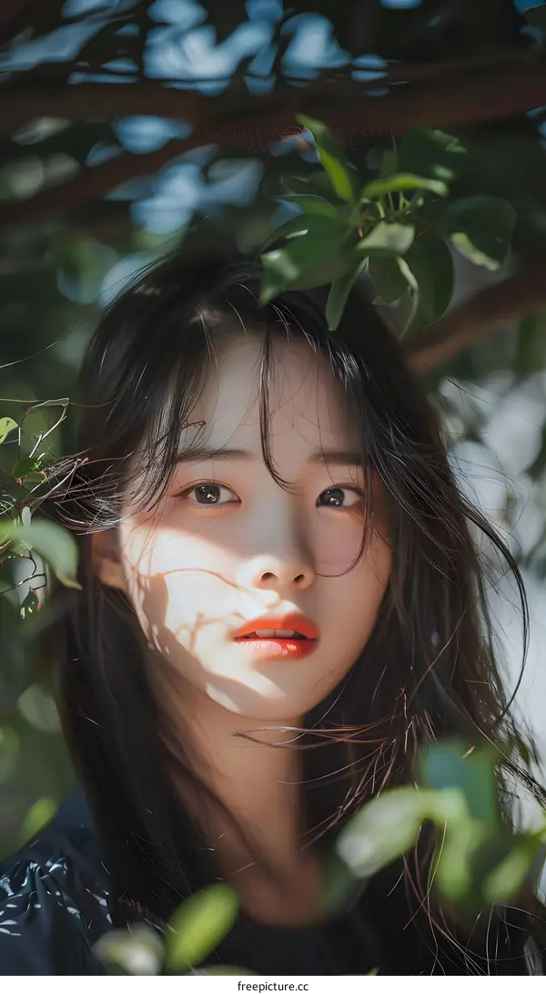 Asian Woman Portrait with Green Leaves