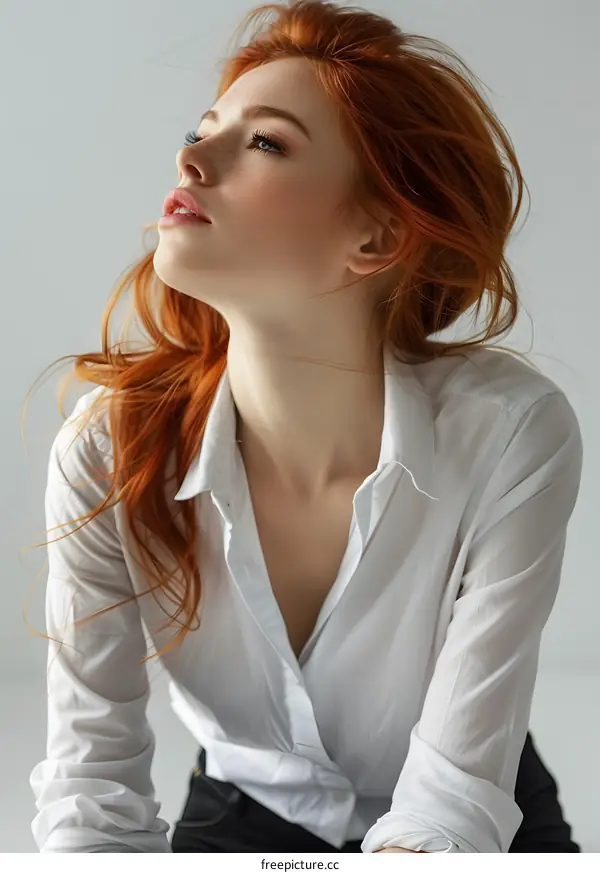 portrait of a beautiful redheaded woman in a white blouse