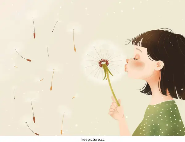 Carefree Little Girl Blowing Dandelion Seeds in a Summer Breeze