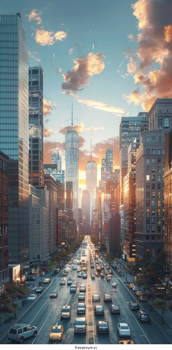 Manhattan Street Sunset with Skyscrapers