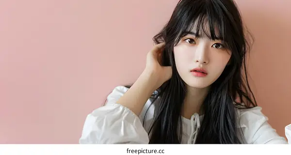 Young Woman with Long Black Hair Posing Against Pink Wall