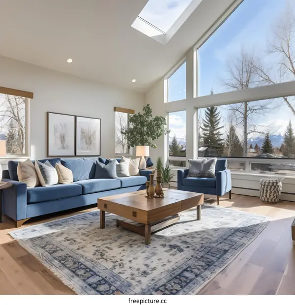 Bright and Spacious Living Room with Blue Sofa and Large Windows