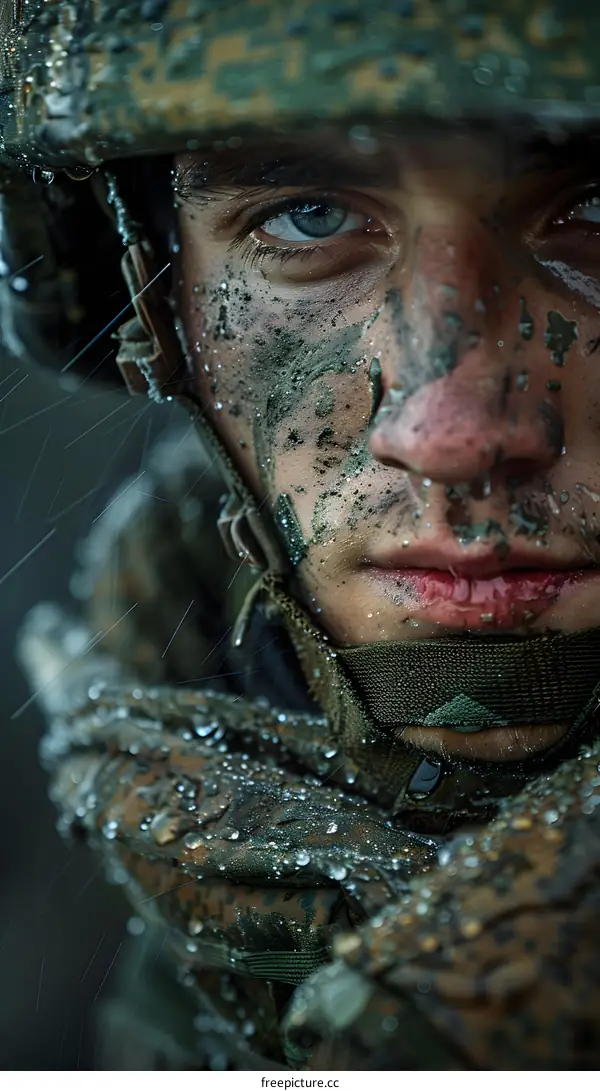 Portrait of a soldier with mud on his face