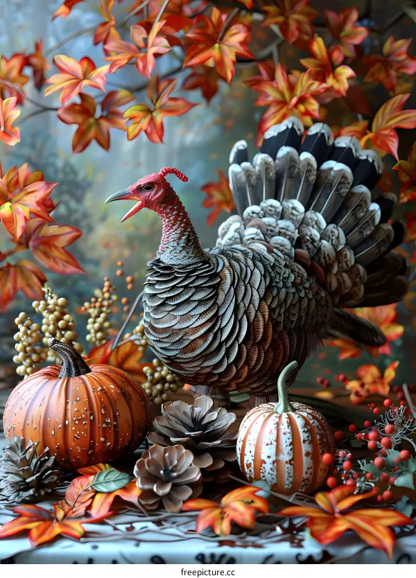 A ceramic turkey sits on a table among pumpkins and fall leaves.