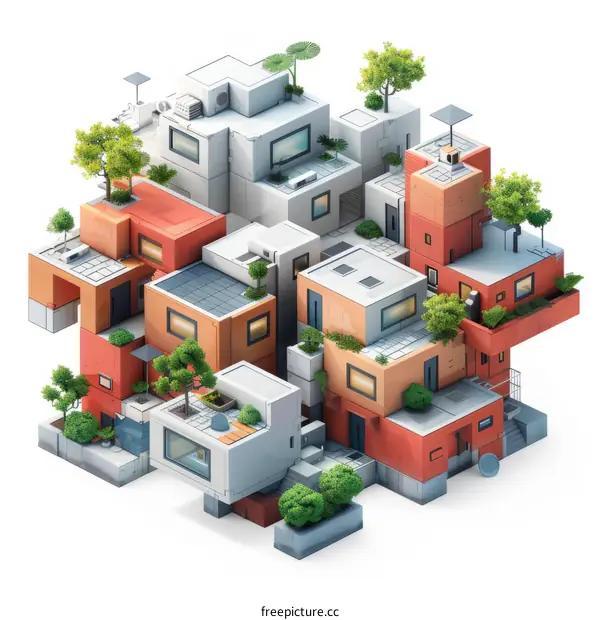 A cluster of colorful 3D rendered modular homes