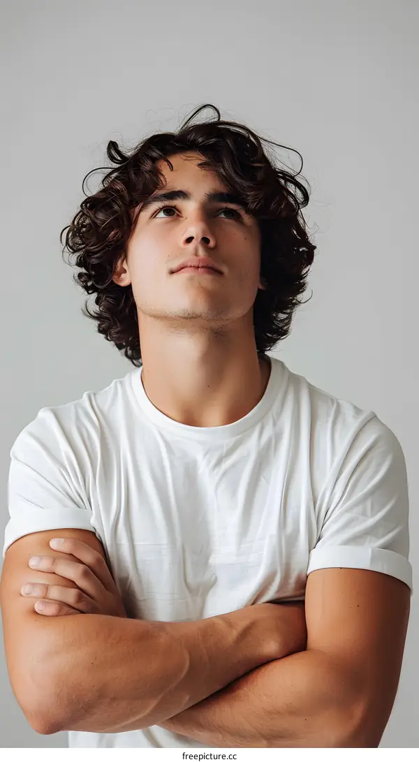 portrait of a young man with curly hair looking up
