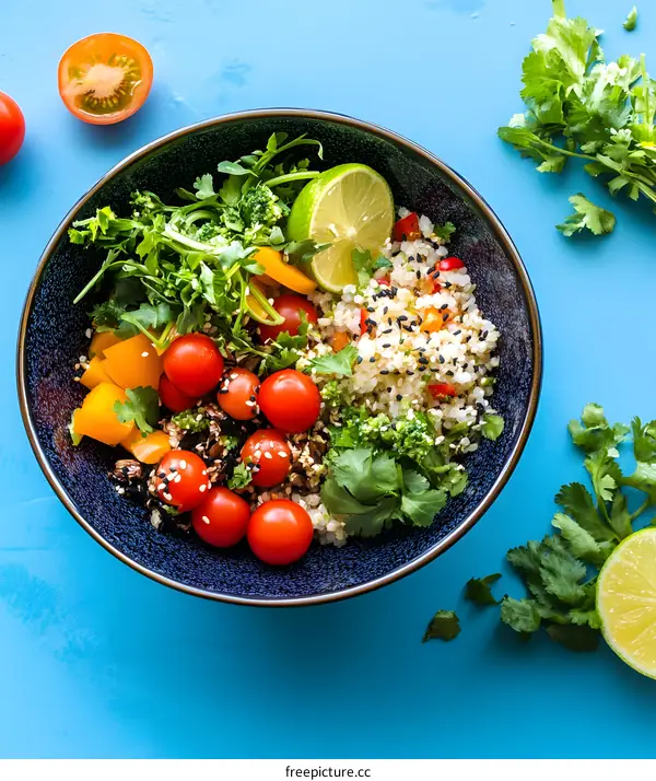 Healthy Quinoa Salad Bowl with Tomatoes, Peppers, and Cilantro