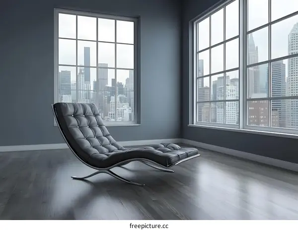 Modern Minimalist Living Room Interior Design with Black Lounger Chair and City View