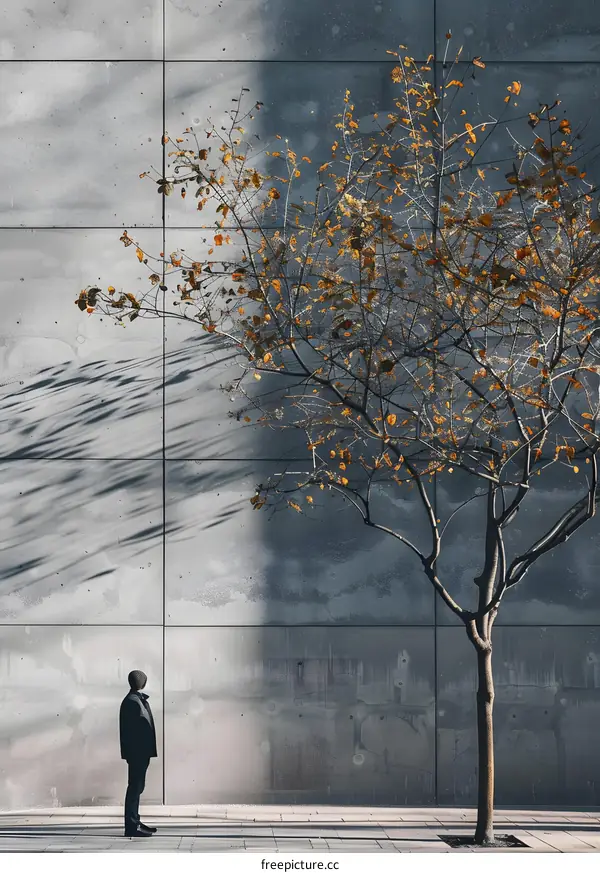 Man Standing in Front of a Tree and a Concrete Wall