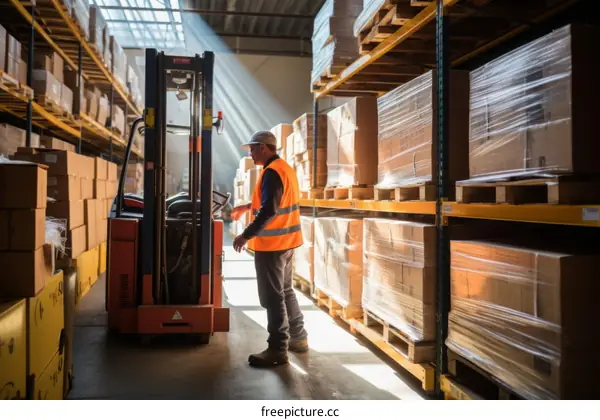 A warehouse worker operates a forklift in a warehouse full of shelves stocked with boxes.