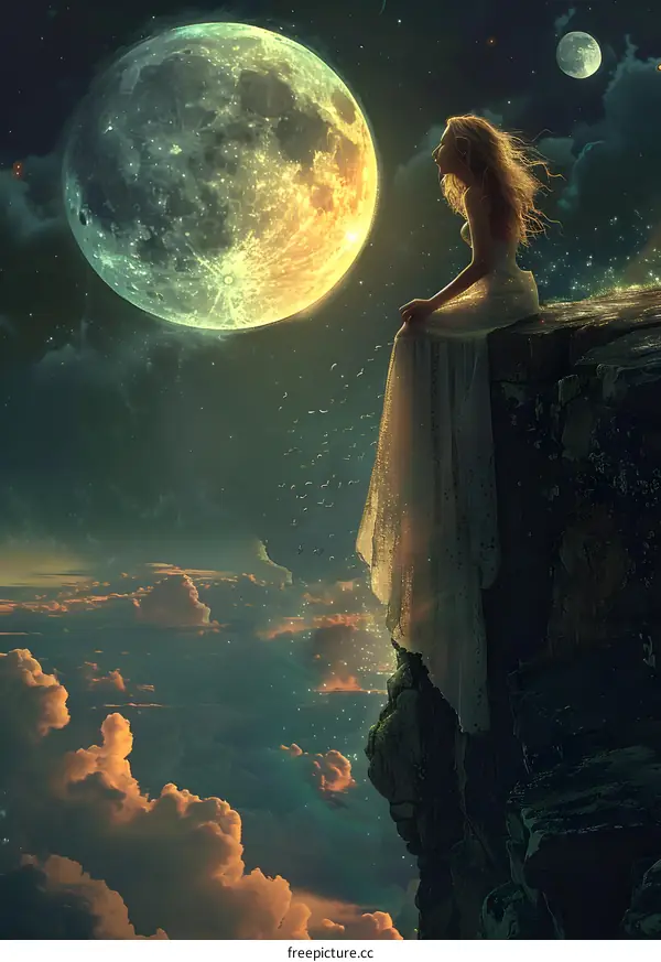 girl sitting on the cliff looking at the moon